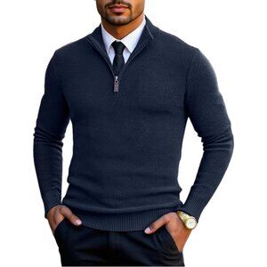 Men Slim Fit Quarter Zip Pullover Sweater Knit Mock Neck Polo Navy Blue Sweater